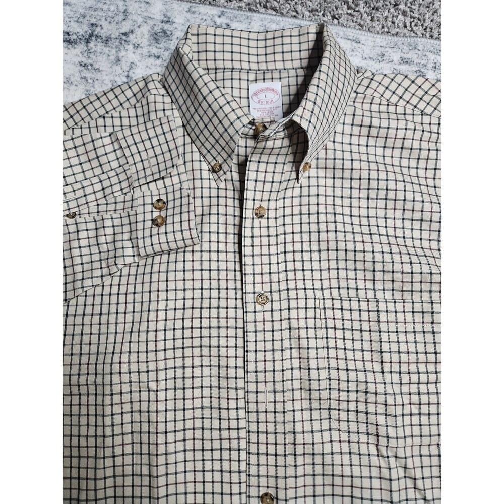 BROOKS BROTHERS Shirt L Button Down Check Tan 100% Cotton